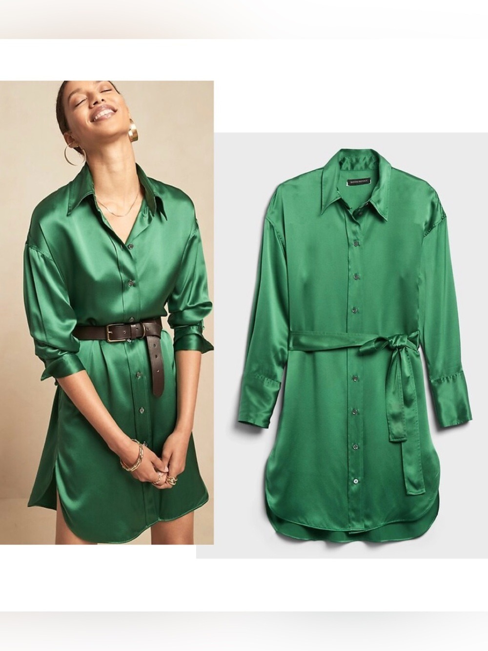 Banana republic Emerald green 100% silk muse shirt dress belted Sz M NWOT
